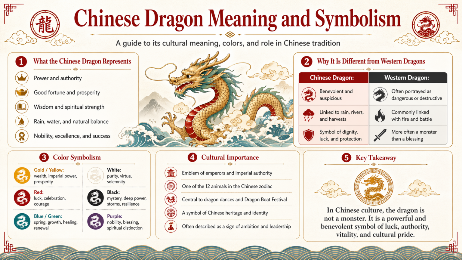 Chinese dragon moving through clouds and water as a symbol of power, rain and cultural identity