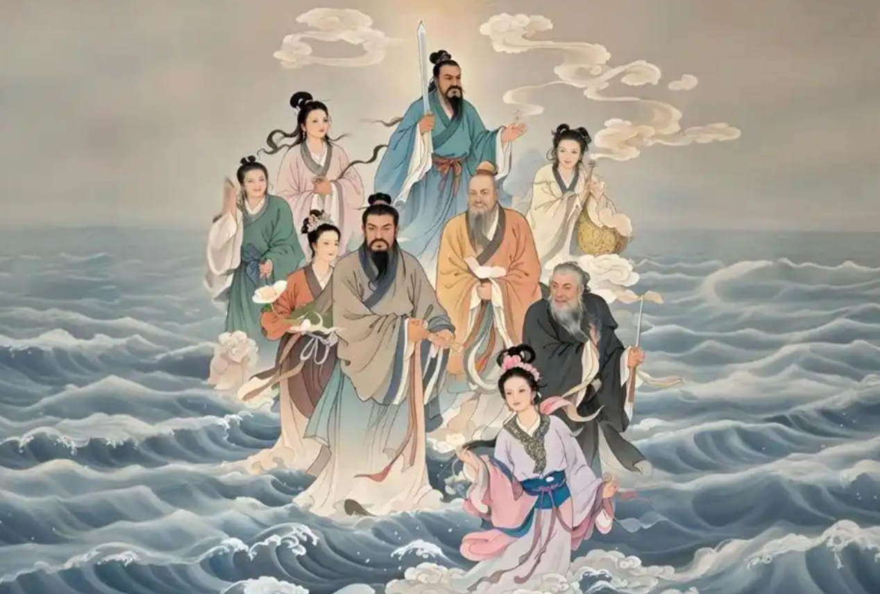 The Eight Immortals of Chinese mythology gathered together with their symbolic attributes