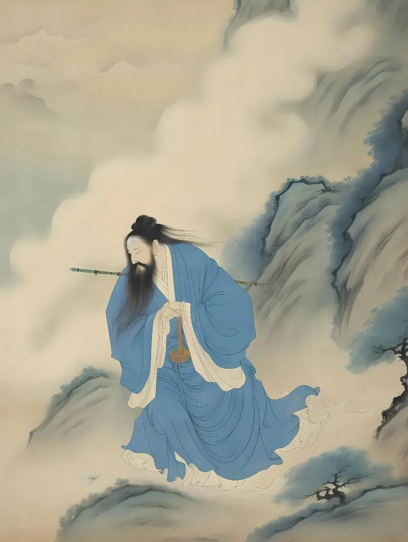 Han Xiangzi playing or carrying the flute associated with music and inspiration