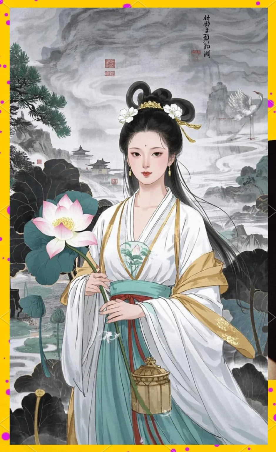 He Xiangu holding a lotus flower as the female member of the Eight Immortals