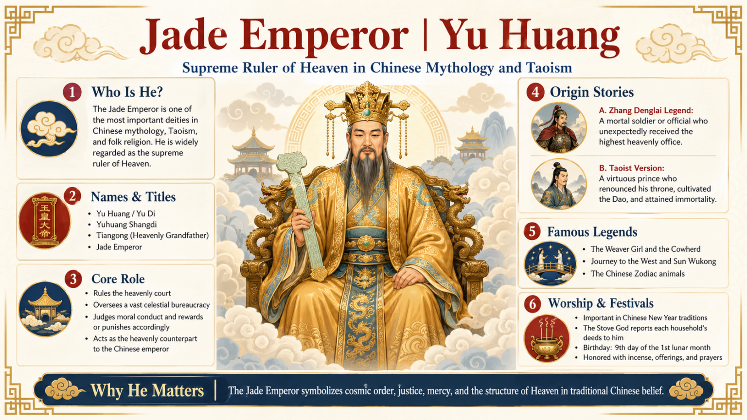 The Jade Emperor seated as the ruler of the celestial court in Chinese religious art
