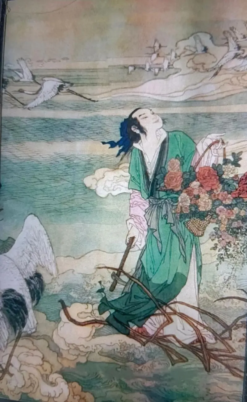 Lan Caihe carrying a flower basket in a traditional Chinese immortal depiction
