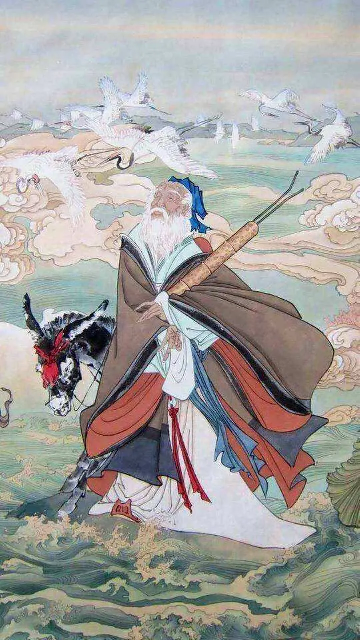 Zhang Guolao depicted as an elderly immortal with his traditional attributes