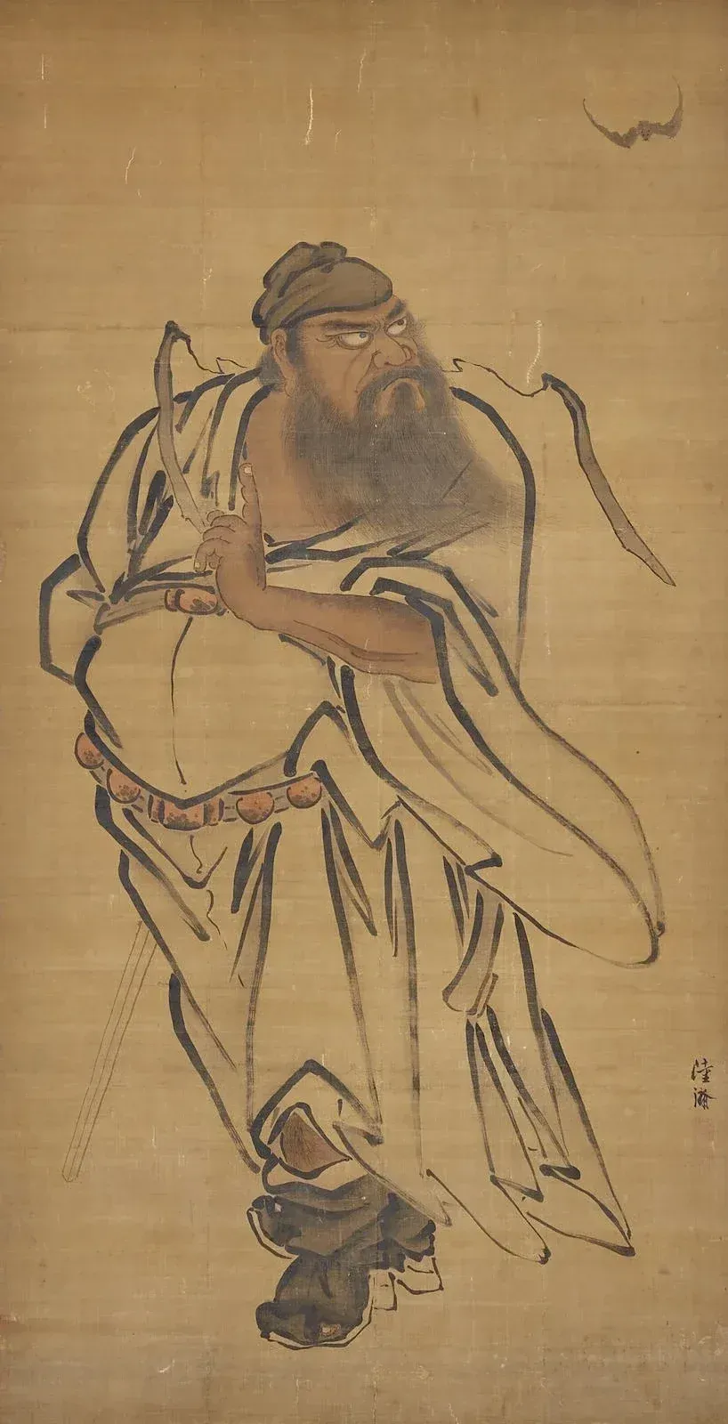 Traditional artwork of Zhong Kui accompanied by supernatural or auspicious imagery