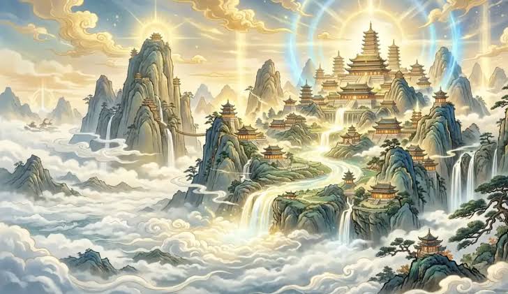 Chinese mythology illustration with heaven, mountains, rivers, and divine figures