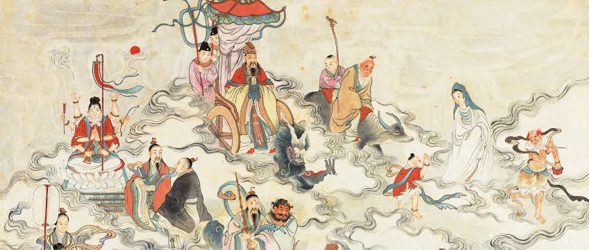 Traditional Chinese mythology artwork showing gods and immortals