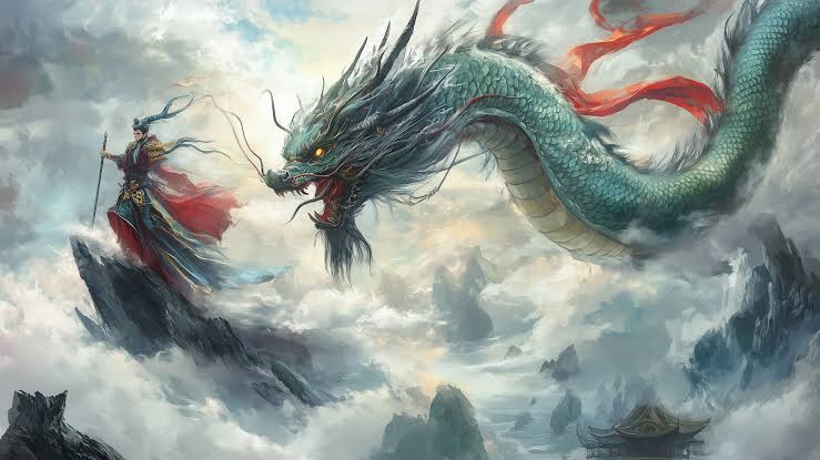 Ancient Chinese creation mythology with cosmic beings, clouds, mountains, and early humanity