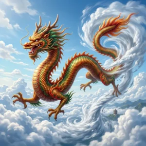 chinese dragon flying through clouds above the twelve zodiac animals
