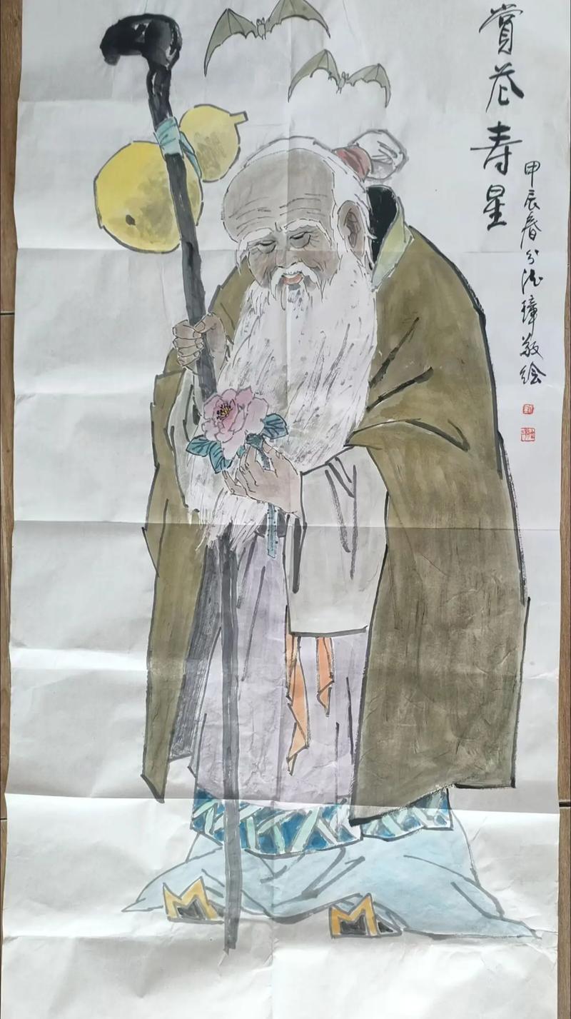 Chinese longevity artwork showing Shou Xing beside peaches, a deer and a crane