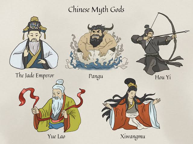 Chinese mythology stories illustrated with heroes, immortals, the moon, mountains, and rivers