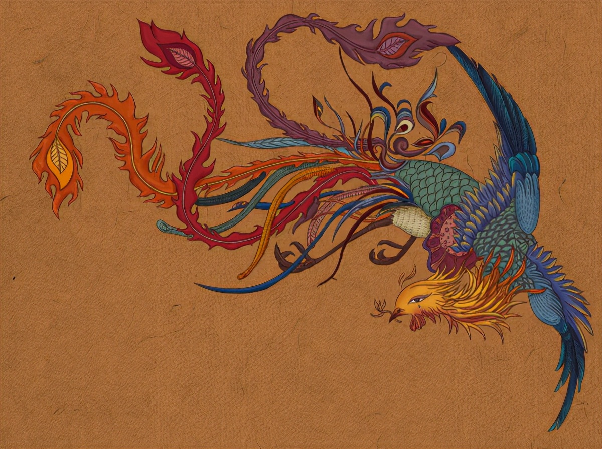 Colorful artistic depiction of a Chinese Fenghuang with elaborate wings and long tail feathers