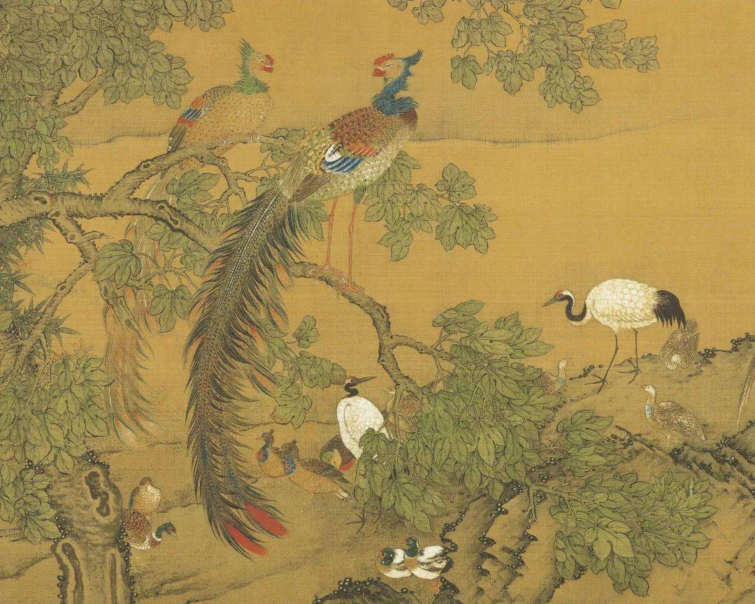 Traditional Chinese painting of long-tailed Fenghuang birds among trees and other birds