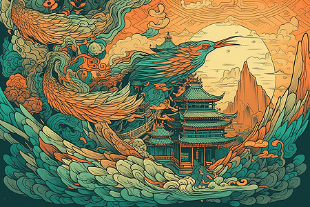 Decorative Fenghuang flying above mountains, clouds, and traditional Chinese architecture