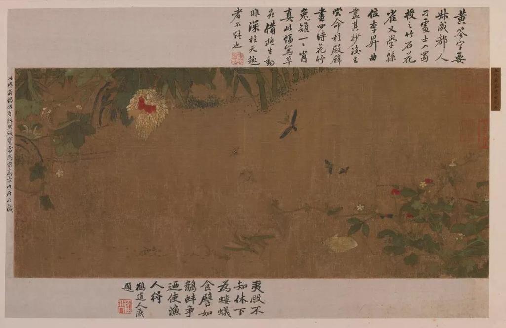 Traditional Chinese scroll painting with birds, flowers, and calligraphic inscriptions