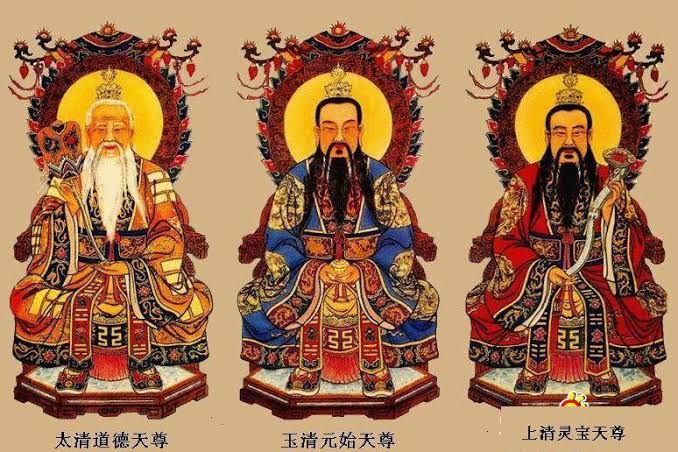 Traditional depiction of the Three Pure Ones seated together in Taoist religious art