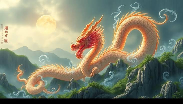 Traditional Chinese dragon bringing rain over rivers and cultivated fields