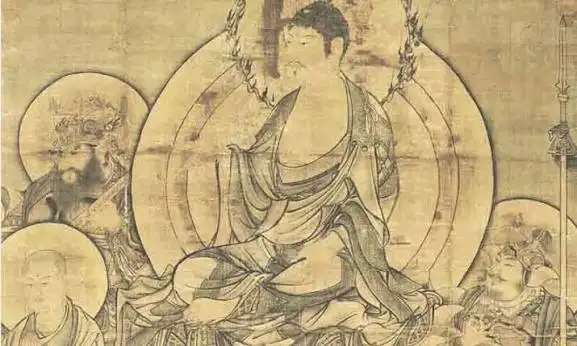 Temple hall with Buddhist statues, incense and offerings in a Chinese architectural setting