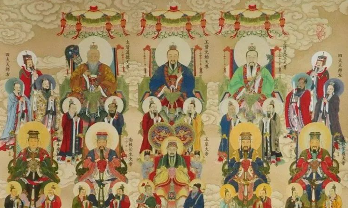 Taoist gods and immortals shown together in a traditional Chinese sacred setting