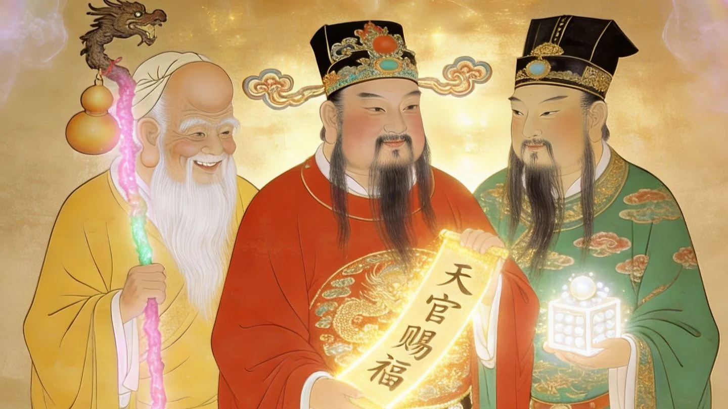 Porcelain figures of the three Chinese star gods Fu, Lu, and Shou standing side by side
