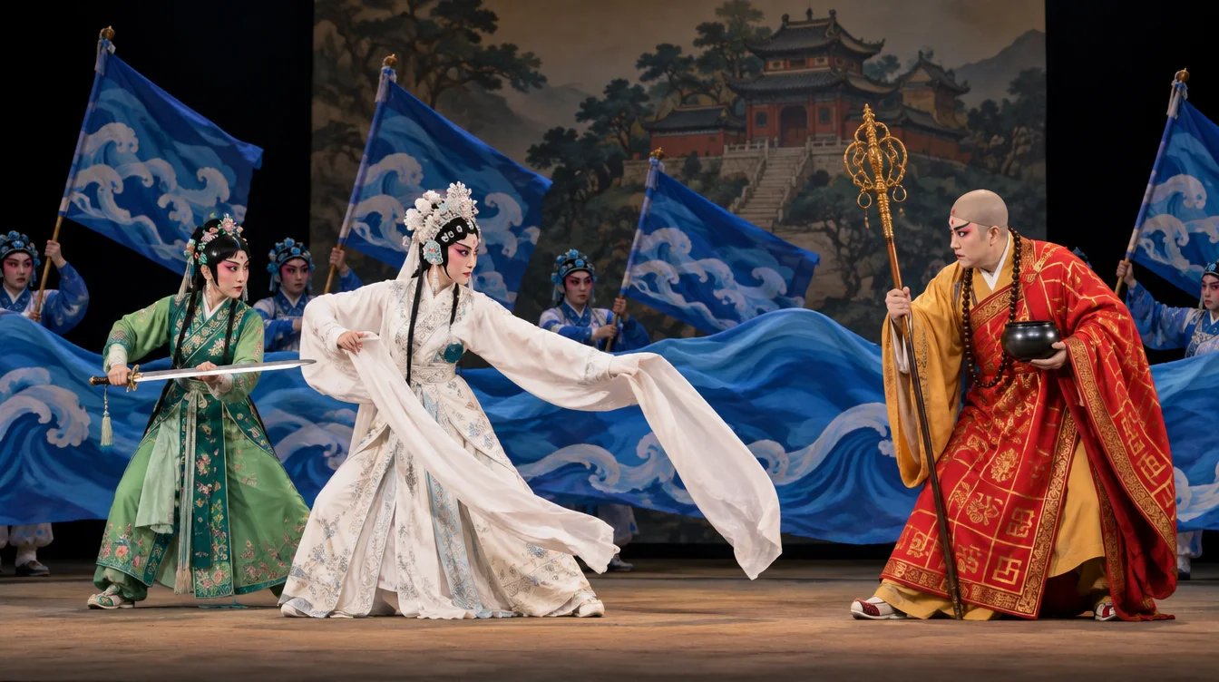 Chinese opera performers in the Jinshan Temple flood scene, with Bai Suzhen and Xiaoqing confronting the monk Fahai
