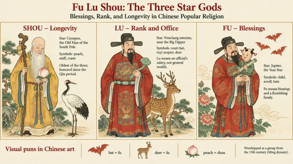fu lu shou the three star gods of fortune, rank & long life