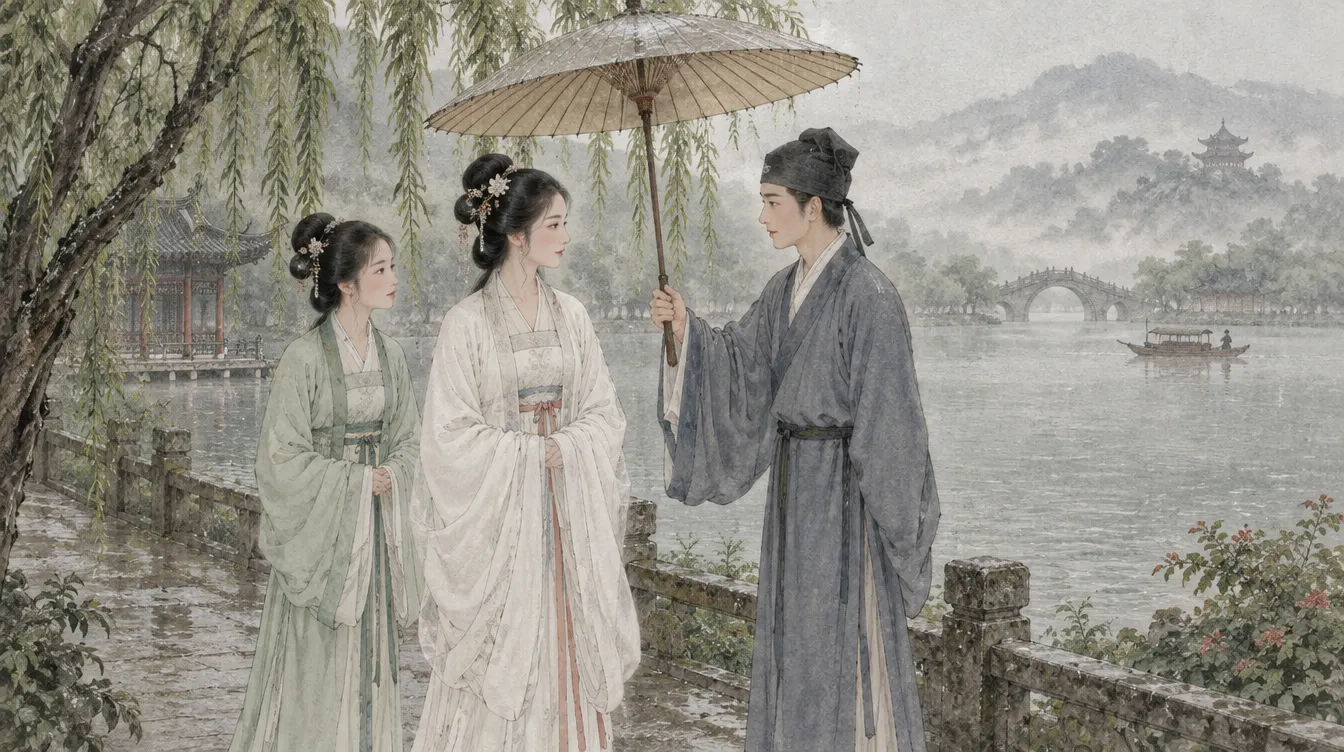 Illustration of Bai Suzhen and Xiaoqing meeting Xu Xian under an umbrella in the rain beside West Lake, Hangzhou