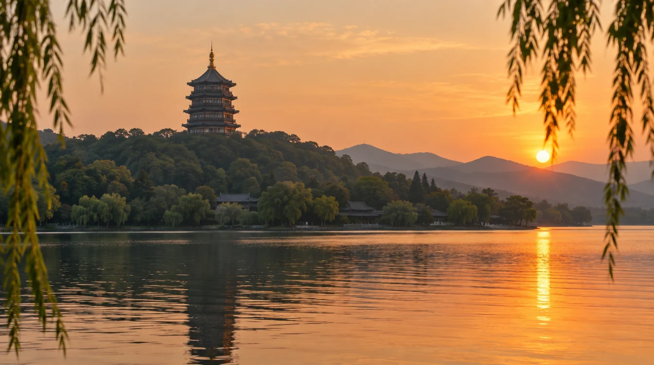 Leifeng Pagoda on the southern shore of West Lake in Hangzhou at sunset, the site associated with Bai Suzhen's imprisonment