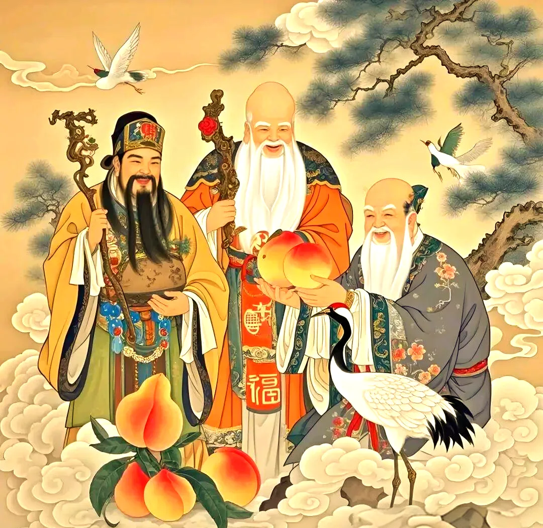 Carved figure of Shouxing, the Chinese star god of longevity, with a domed forehead, staff, and peach